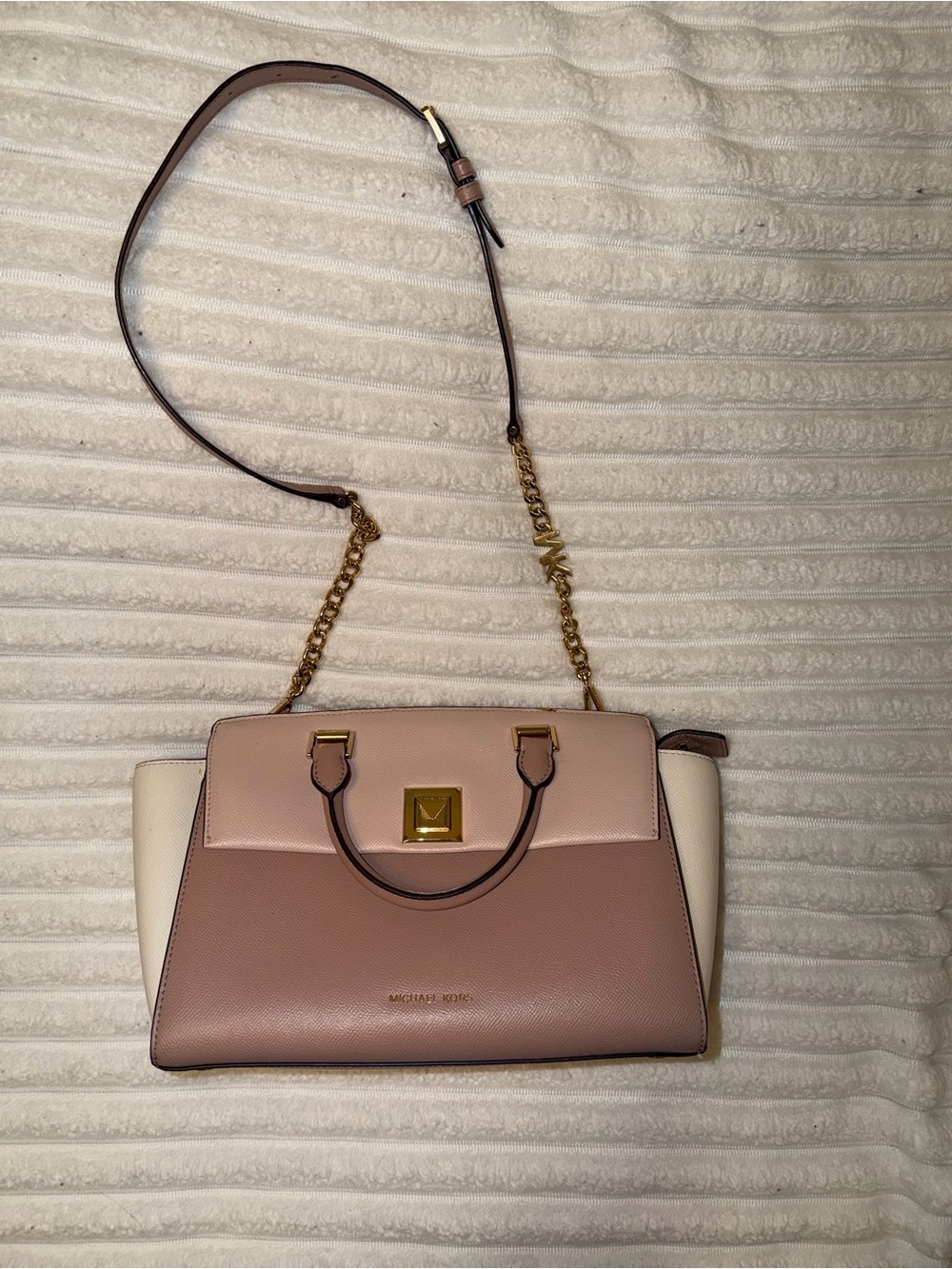 Michael Kors Blush Pink and Cream Leather Crossbody Satchel with Gold Chain